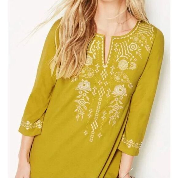 STUNNING J Jill blouse Womens Green Embroidered Long Sleeve V Neck Blouse Peasan - Picture 2 of 14